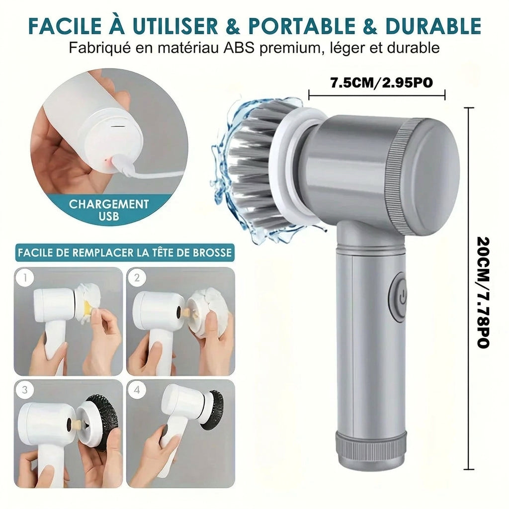 Brosse de nettoyage électrique rotative, brosse de nettoyage sans fil pour salle de bain avec 5 têtes interchangeables