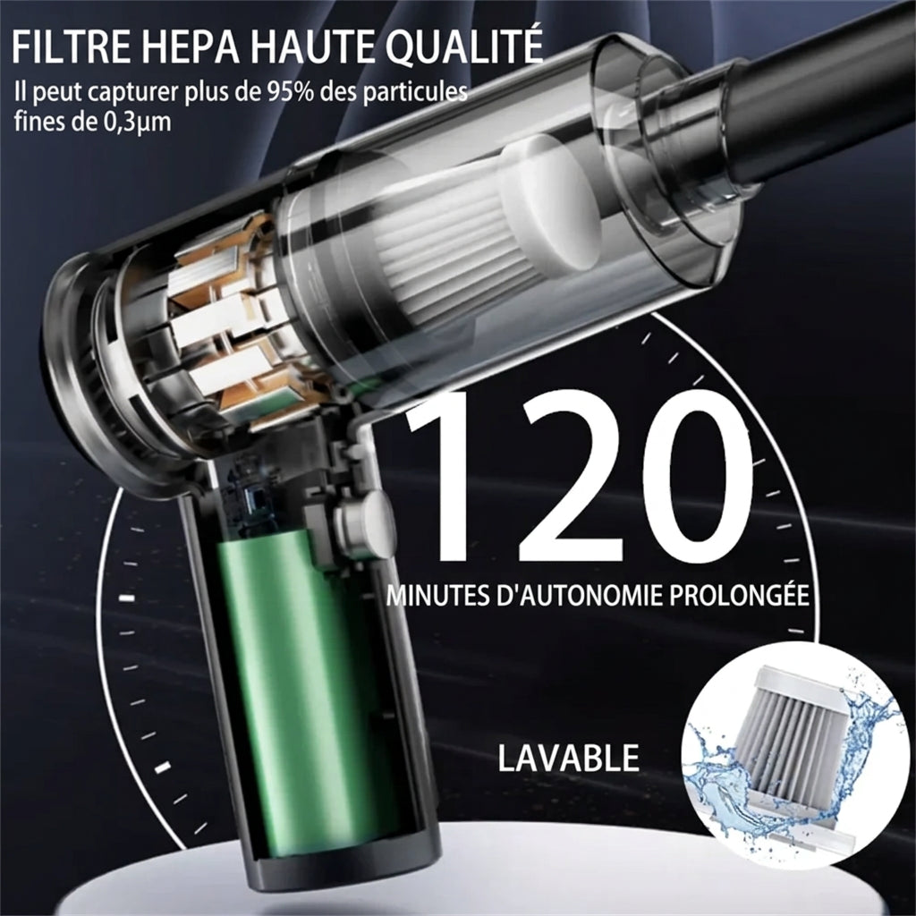 Aspirateur de voiture portable sans fil 15000Pa, double usage souffleur et aspiration, multi-embouts, pour voiture, maison, animaux de compagnie, bureau