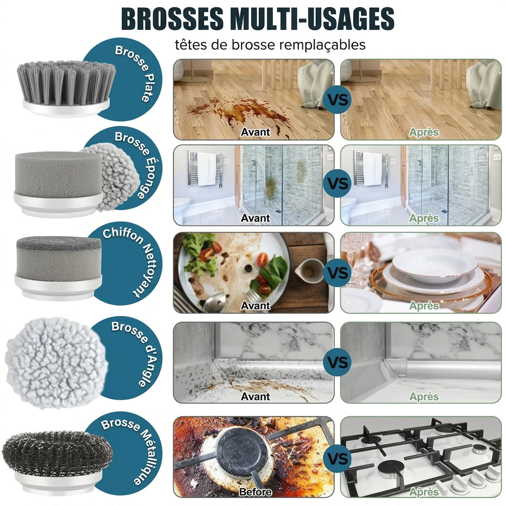 Brosse de nettoyage électrique rotative, brosse de nettoyage sans fil pour salle de bain avec 5 têtes interchangeables