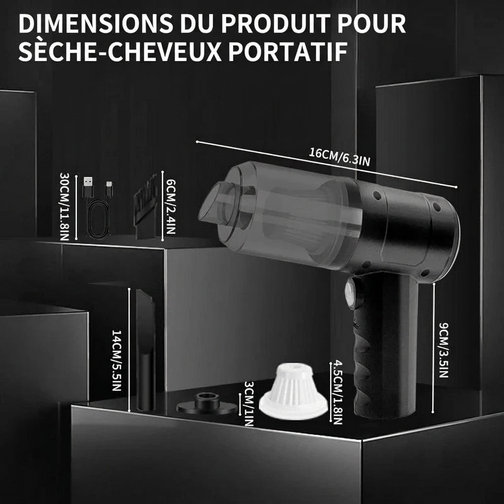 Aspirateur de voiture portable sans fil 15000Pa, double usage souffleur et aspiration, multi-embouts, pour voiture, maison, animaux de compagnie, bureau